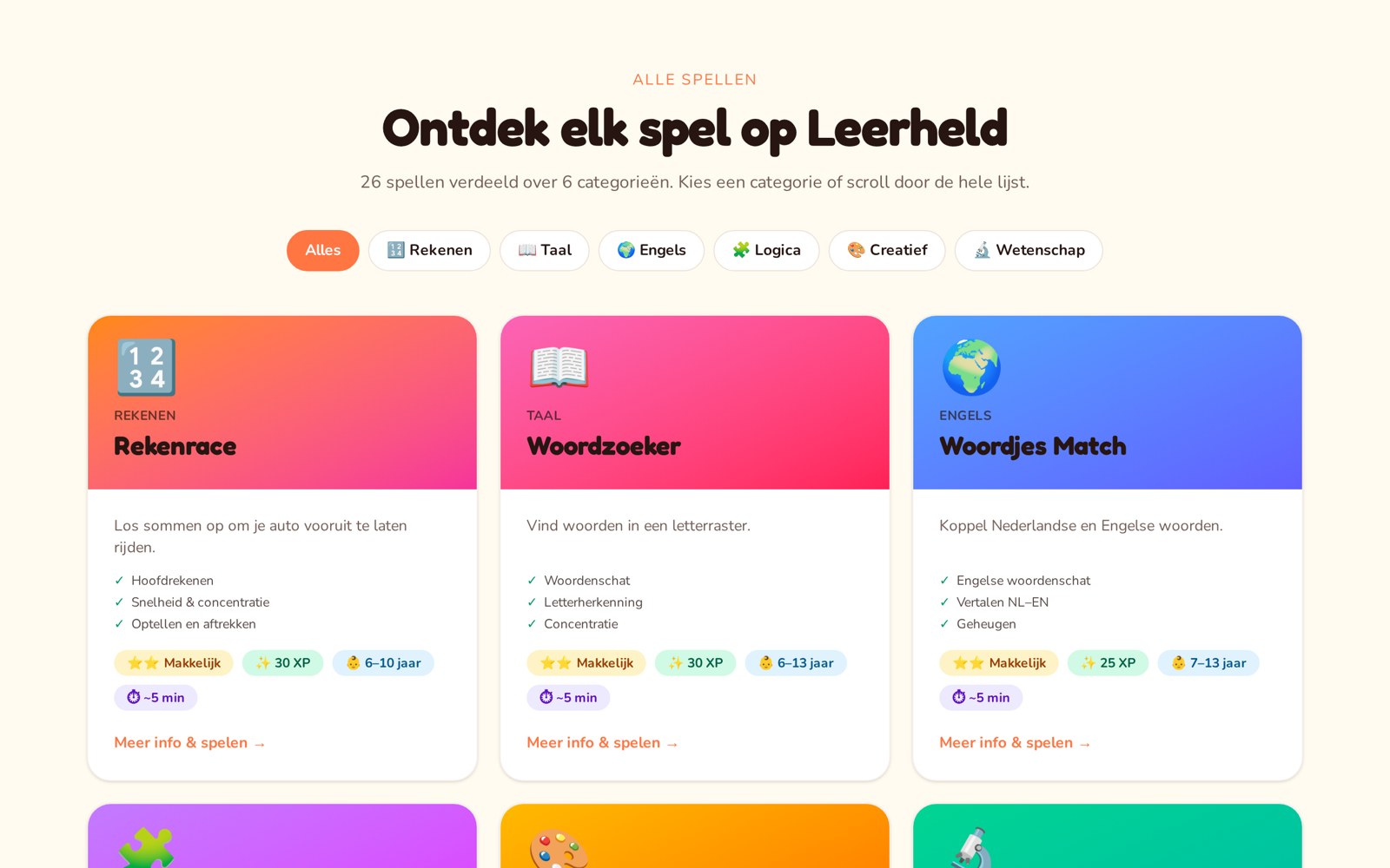 Overzicht van leerspellen op Leerheld per categorie